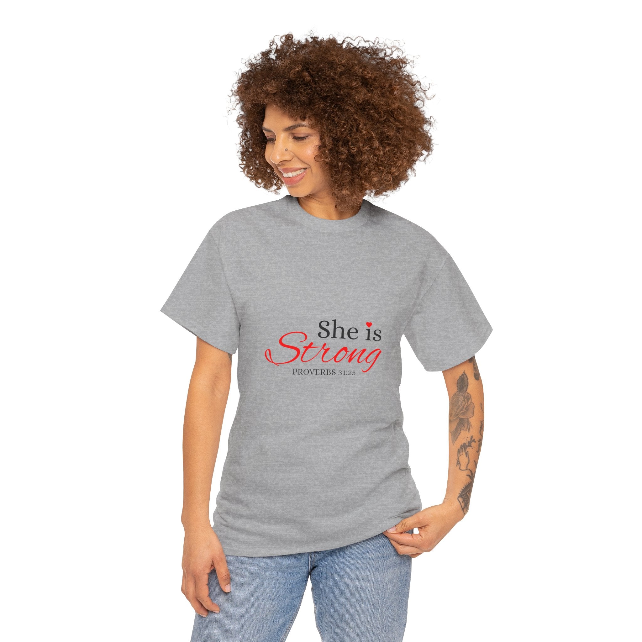 She Is Strong T-Shirt — Inspirational Christian Scripture Tee (Proverbs 31:25)