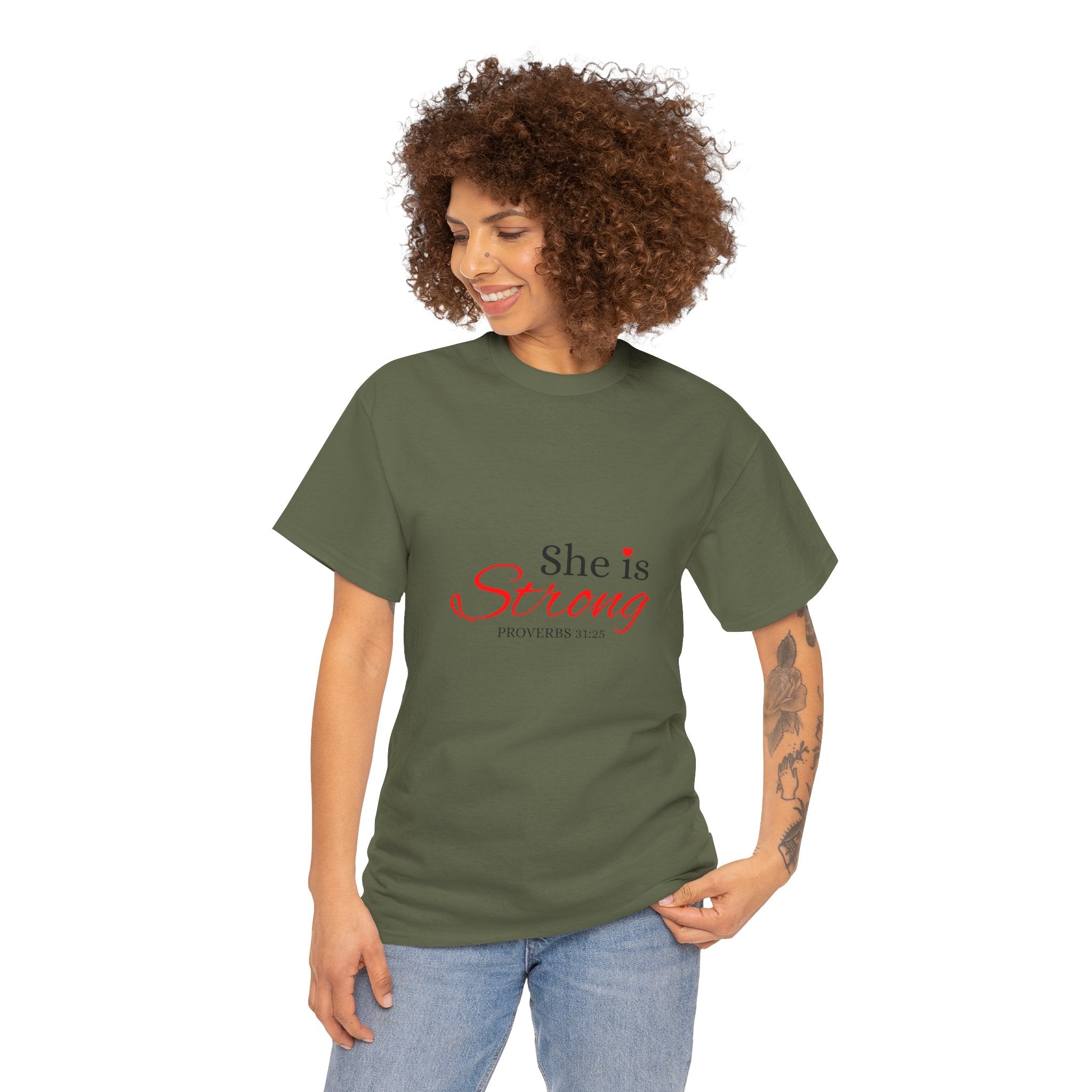She Is Strong T-Shirt — Inspirational Christian Scripture Tee (Proverbs 31:25)