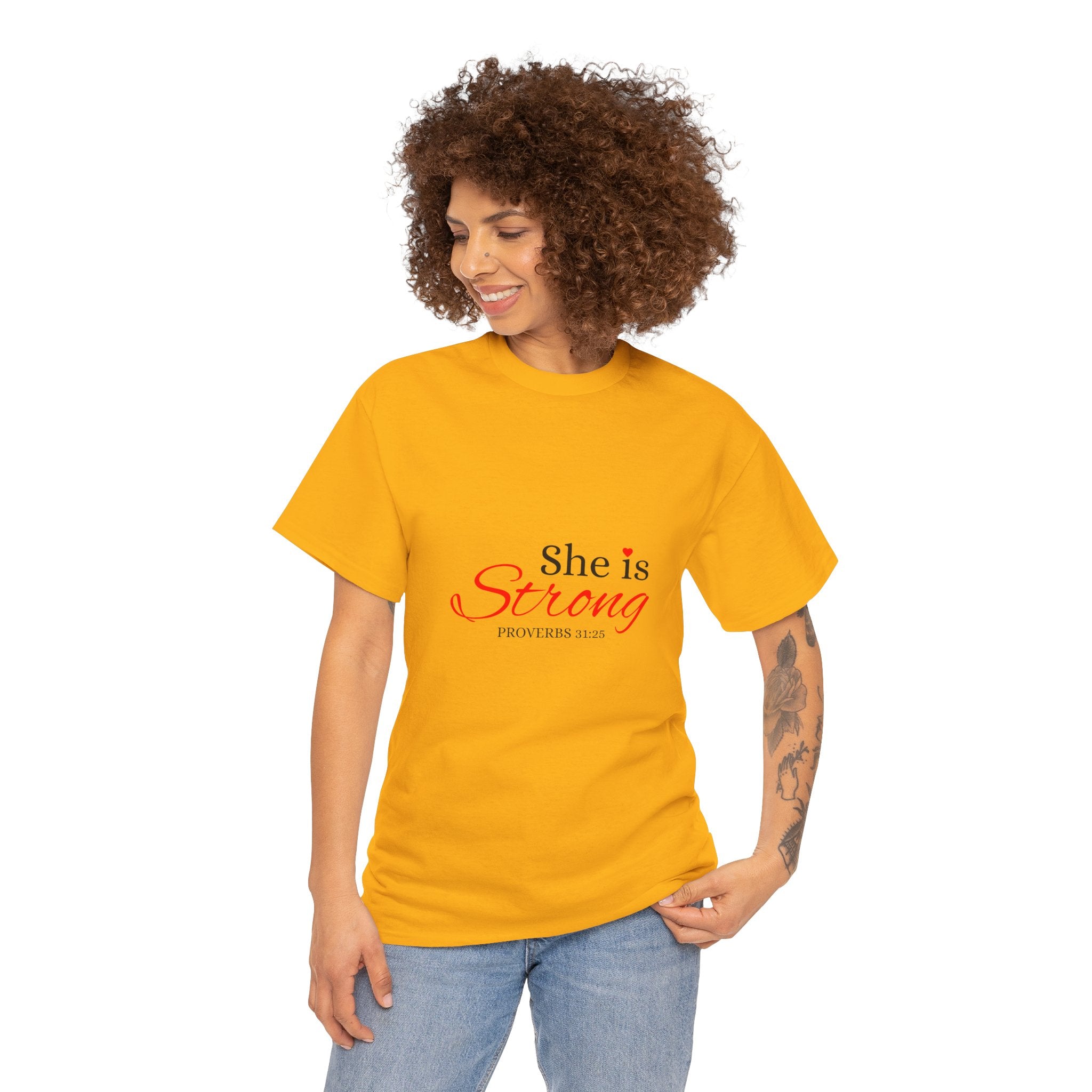 She Is Strong T-Shirt — Inspirational Christian Scripture Tee (Proverbs 31:25)