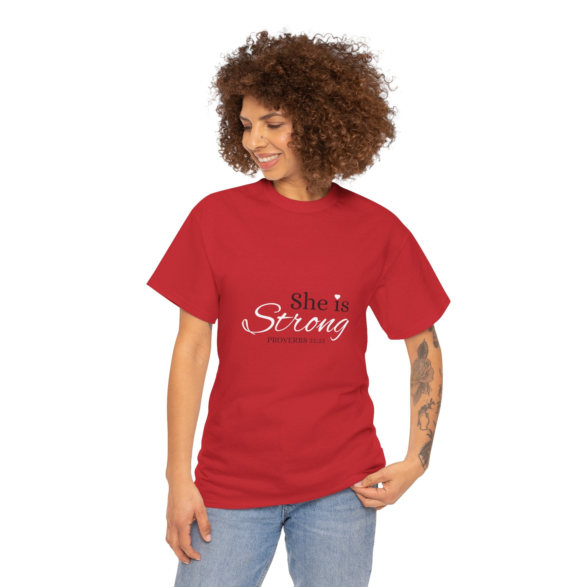 She Is Strong T-Shirt — Inspirational Christian Scripture Tee (Proverbs 31:25)