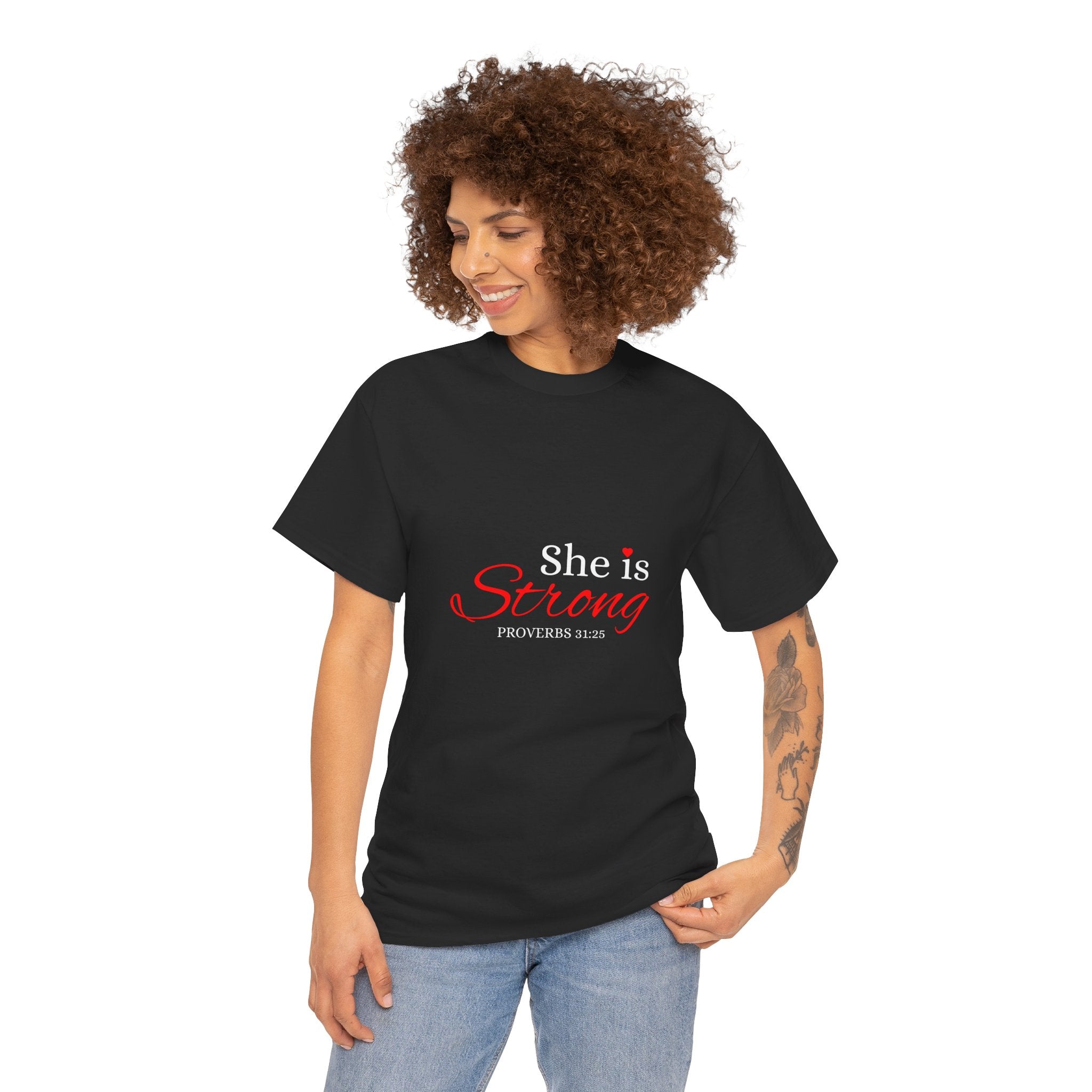 She Is Strong T-Shirt — Inspirational Christian Scripture Tee (Proverbs 31:25)