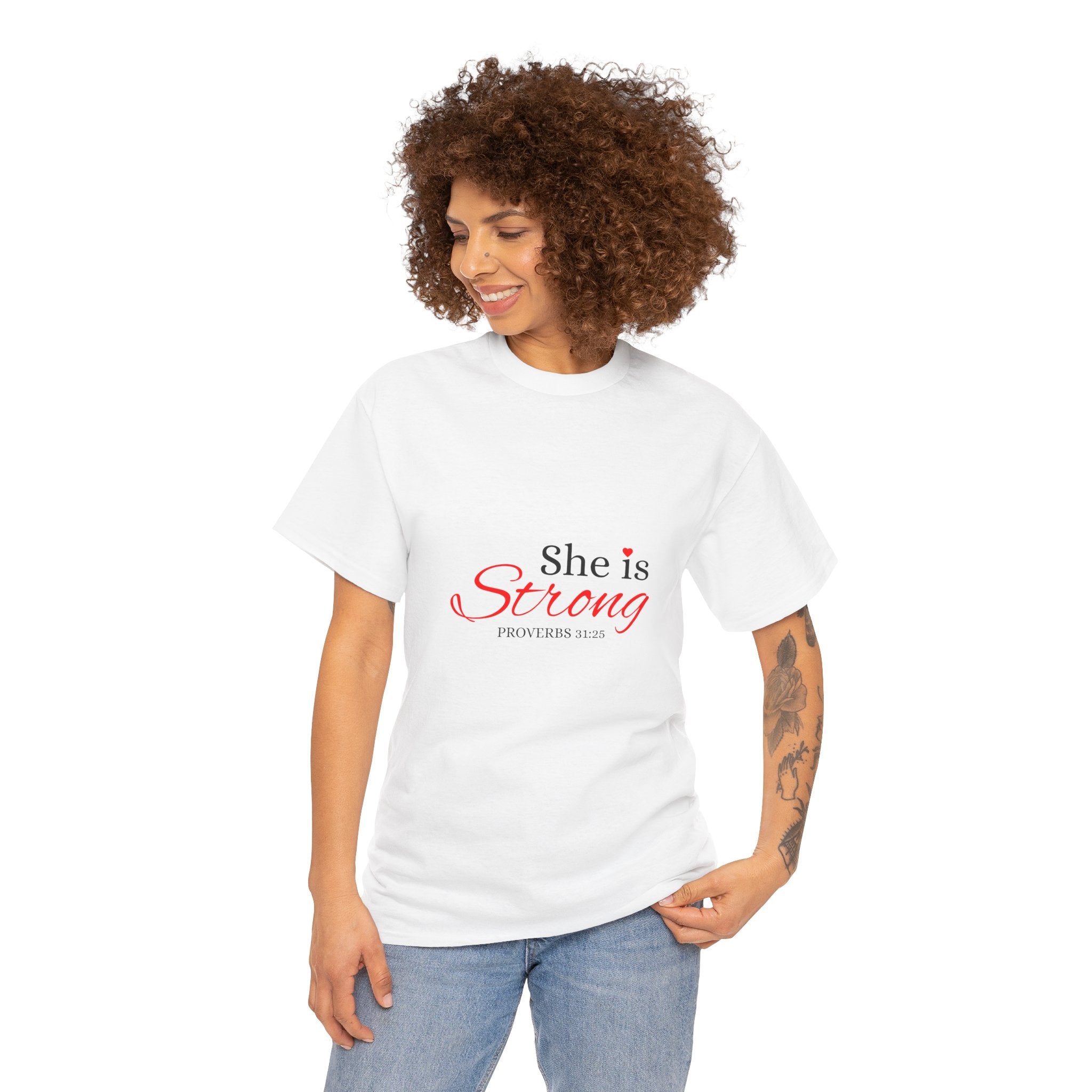 She Is Strong T-Shirt — Inspirational Christian Scripture Tee (Proverbs 31:25)