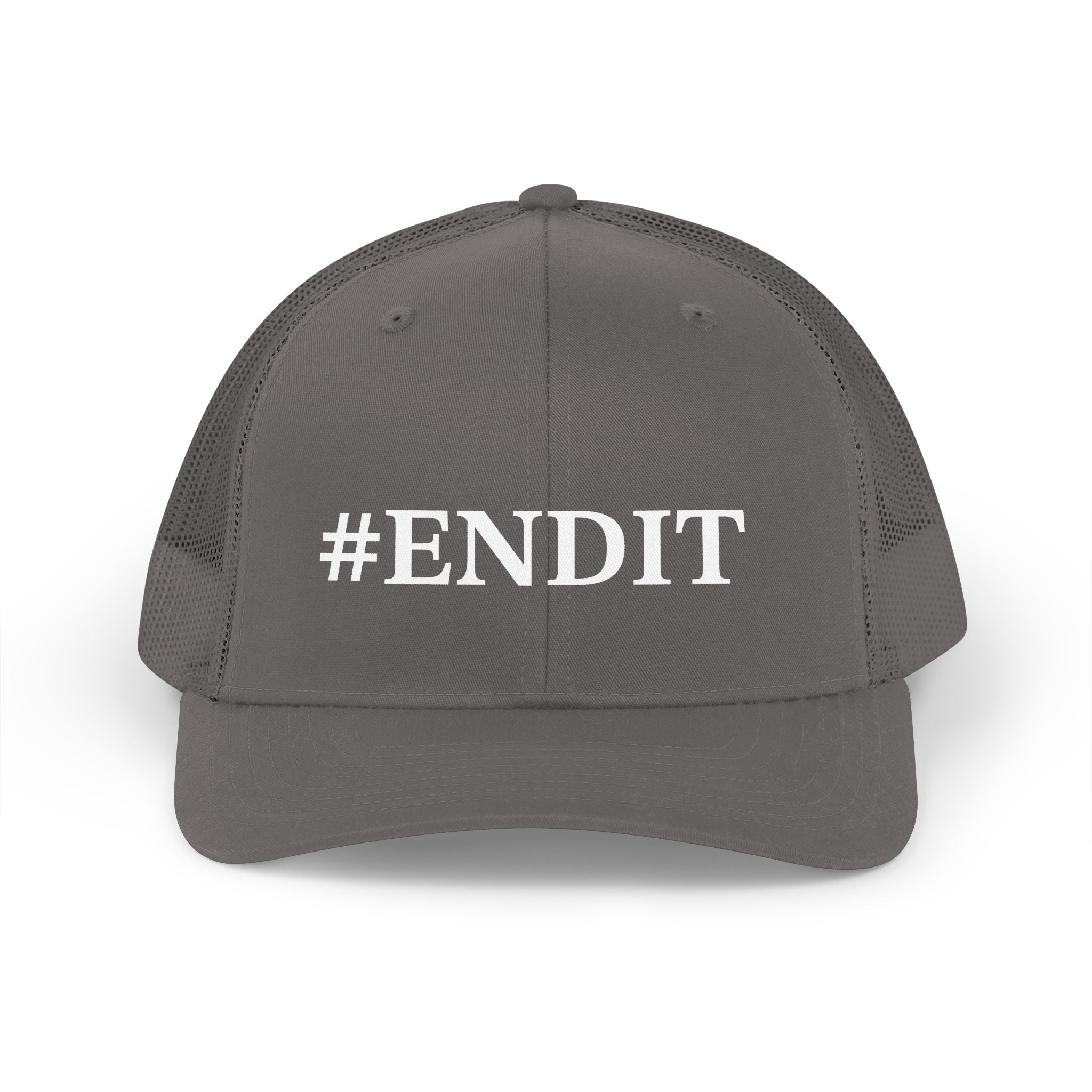 Trucker Hat — Retro "#ENDIT" Mesh Cap (Vintage Text, Casual Everyday)