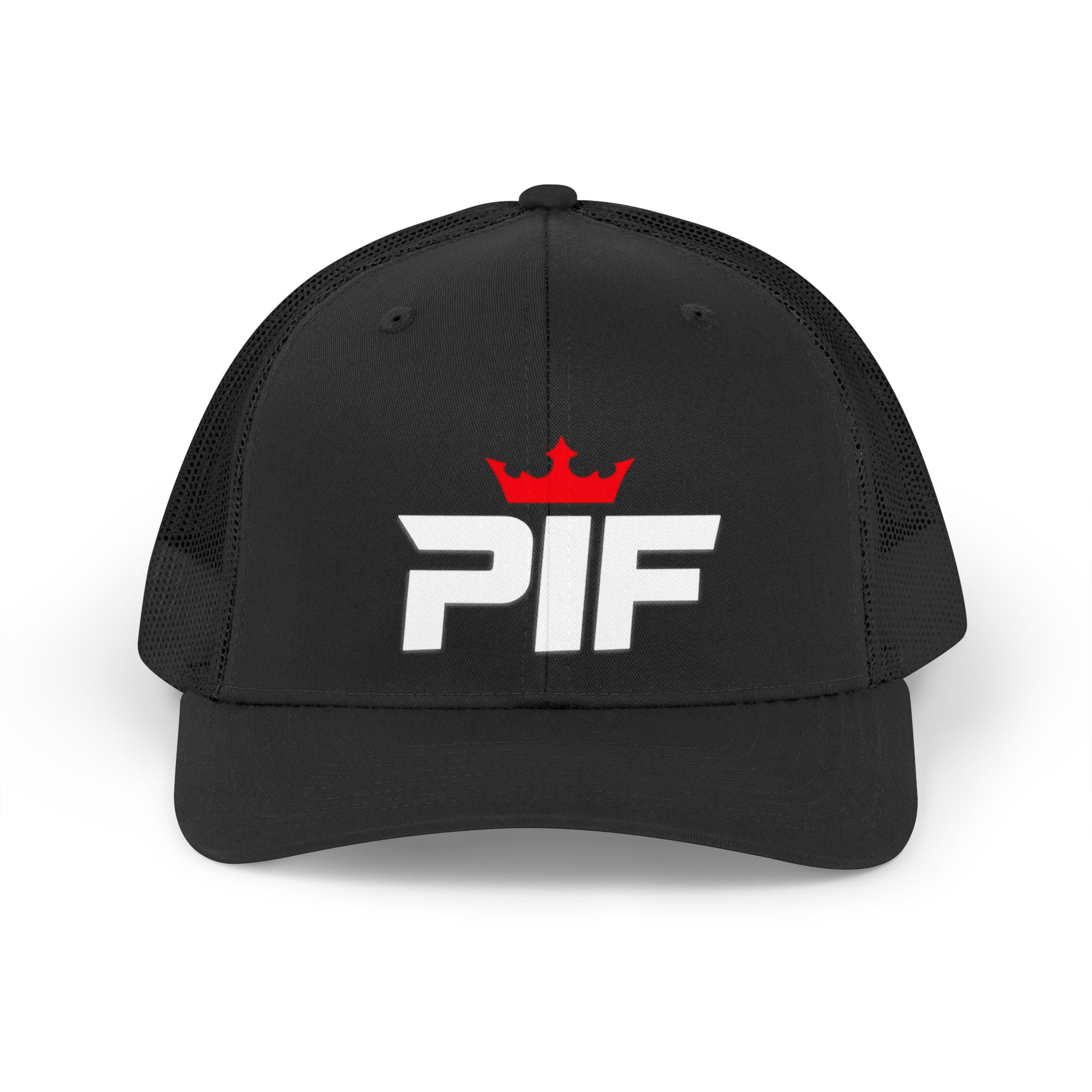 PIF Crown Retro Trucker Hat — Vintage Mesh Cap with Bold Logo