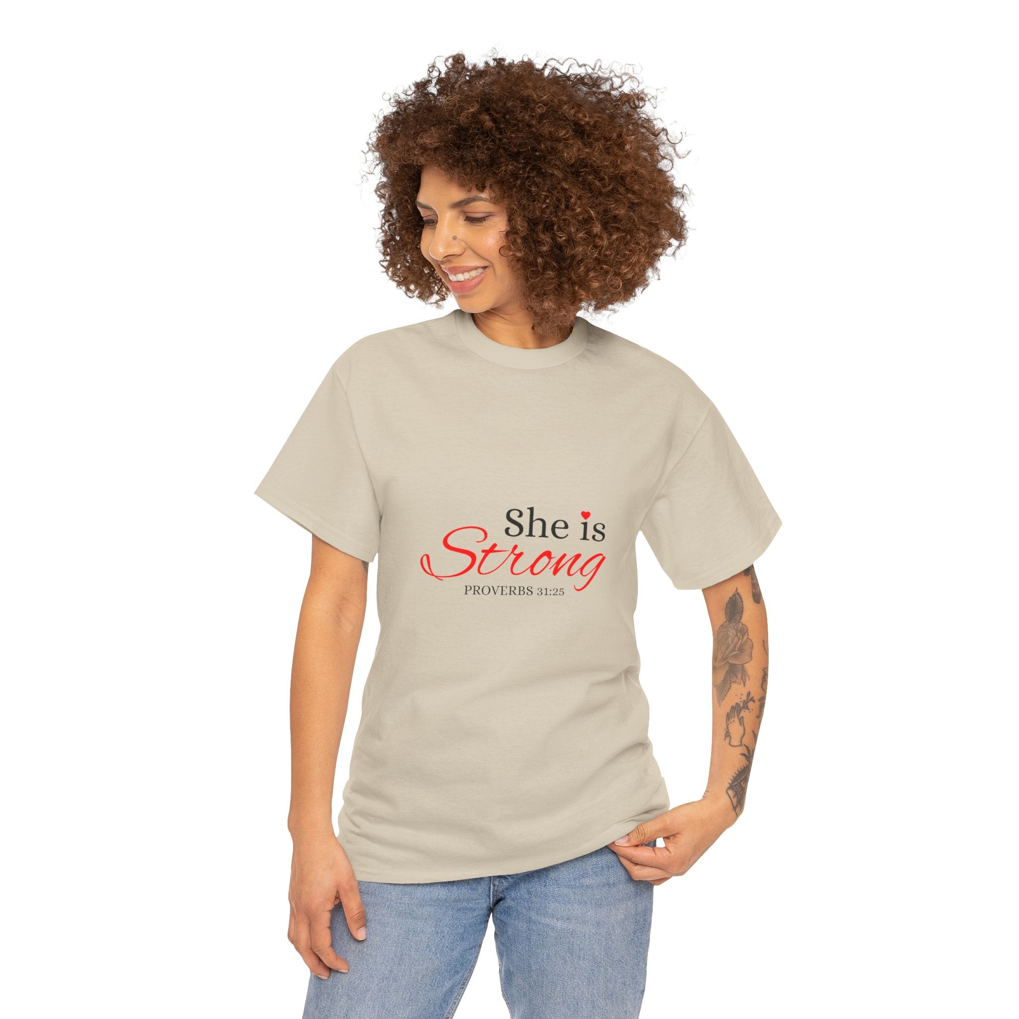 She Is Strong T-Shirt — Inspirational Christian Scripture Tee (Proverbs 31:25)
